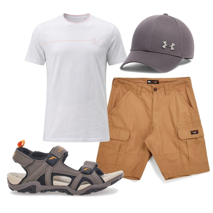 Outfit uomo - Total look #2451064. Stile Casual per Tutti i giorni. Abbinamento con t-shirt, sandali, cappelli con visiera, bermuda.