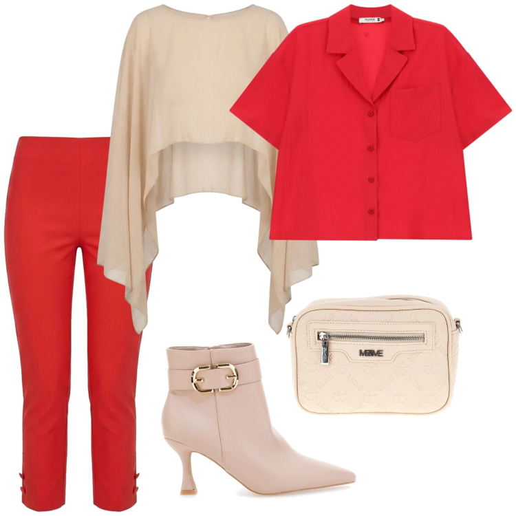 Outfit donna - Estate a colori pieni. Stile Chic per Serata fuori. Abbinamento con camicie a manica corta, pantaloni, blazer, borse a tracolla, stivaletti.