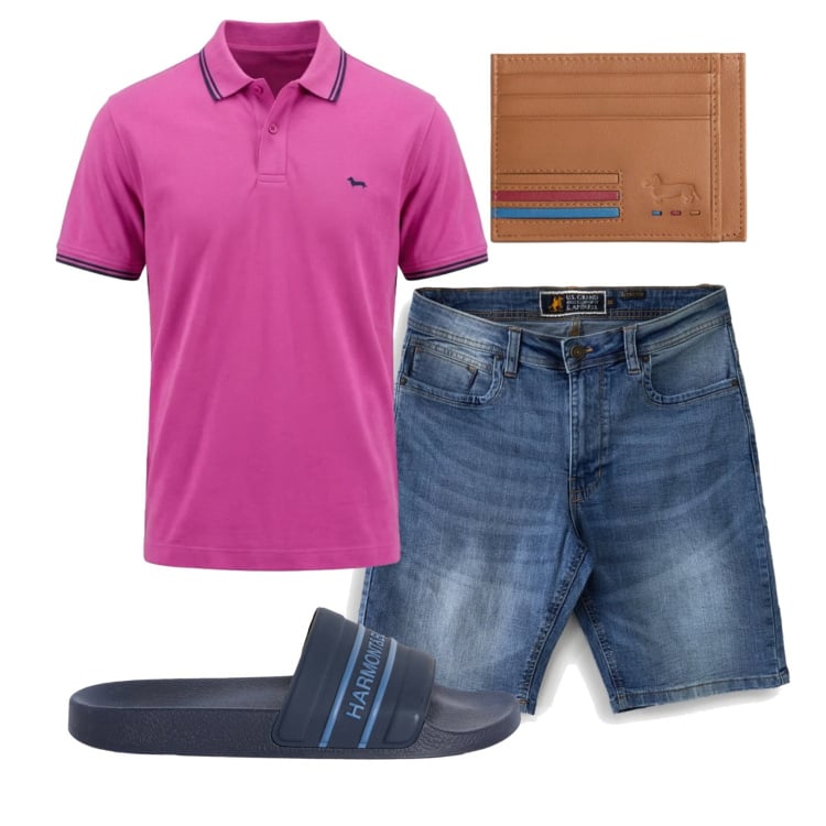 Outfit uomo - Total look #2451066. Stile Trendy per Mare. Abbinamento con sandali, polo, portafogli, bermuda.