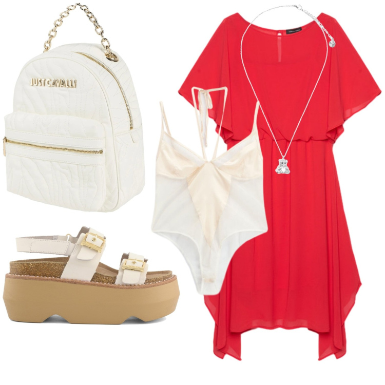 Outfit donna - Estate a colori pieni. Stile Basic per Tutti i giorni. Abbinamento con zaini, body, vestiti midi/longuette, ciondoli, zeppe.
