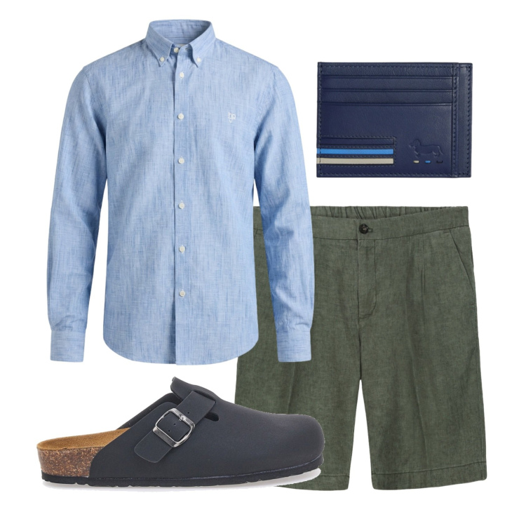 Outfit uomo - Total look #2451068. Stile Trendy per Tutti i giorni. Abbinamento con camicie, portafogli, bermuda, sandali.