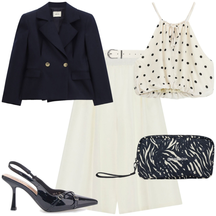 Outfit donna - Chic. Stile Chic per Serata fuori. Abbinamento con cinture, pantaloni a palazzo, top, blazer, valigie, décolleté.