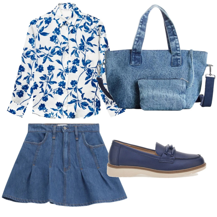 Outfit donna - Estate a colori pieni. Stile Casual per Tutti i giorni. Abbinamento con borse a mano, camicie, minigonne, mocassini.