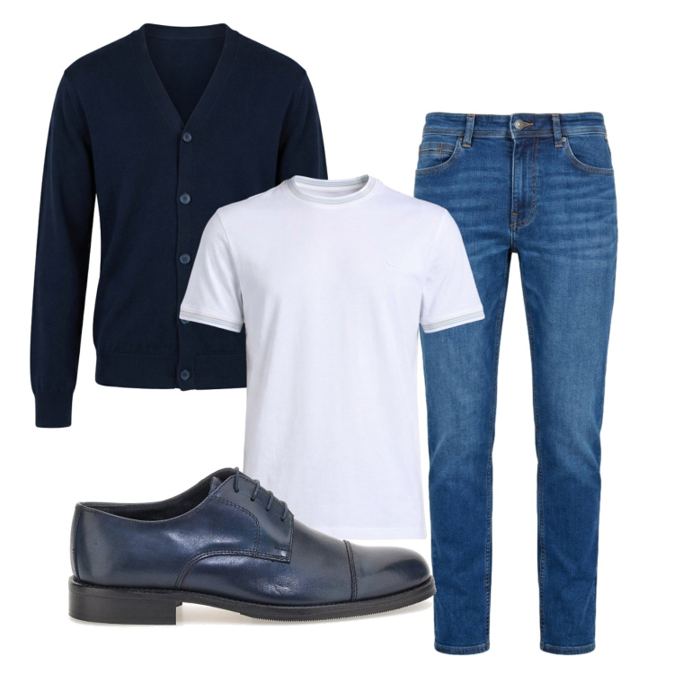 Outfit uomo - Total look #2451071. Stile Trendy per Tutti i giorni. Abbinamento con t-shirt, jeans, cardigans, scarpe stringate.