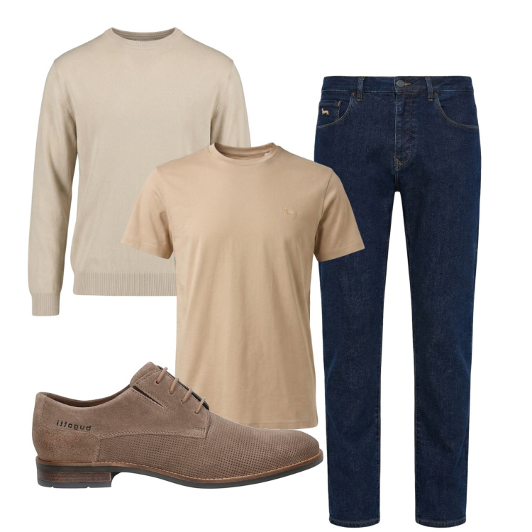 Outfit uomo - Total look #2451072. Stile Trendy per Ufficio. Abbinamento con t-shirt, maglieria, jeans, scarpe stringate.