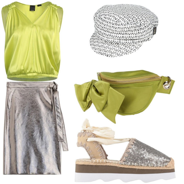 Outfit donna - Estate a colori pieni. Stile Chic per Tutti i giorni. Abbinamento con marsupi, top, cappelli con visiera, décolleté, gonne longuette.