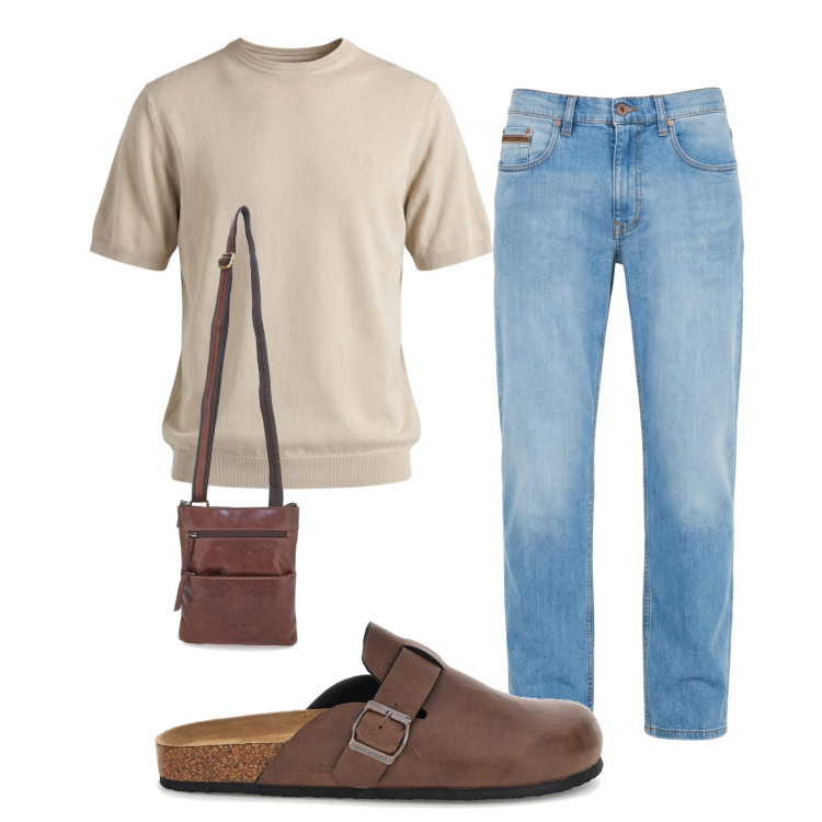 Outfit uomo - Total look #2451074. Stile Trendy per Tutti i giorni. Abbinamento con jeans, t-shirt, sandali, portafogli.