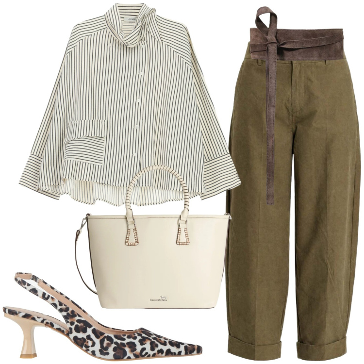 Outfit donna - Casual. Stile Casual per Tutti i giorni. Abbinamento con décolleté, shopping bag, pantaloni, cinture, camicie.