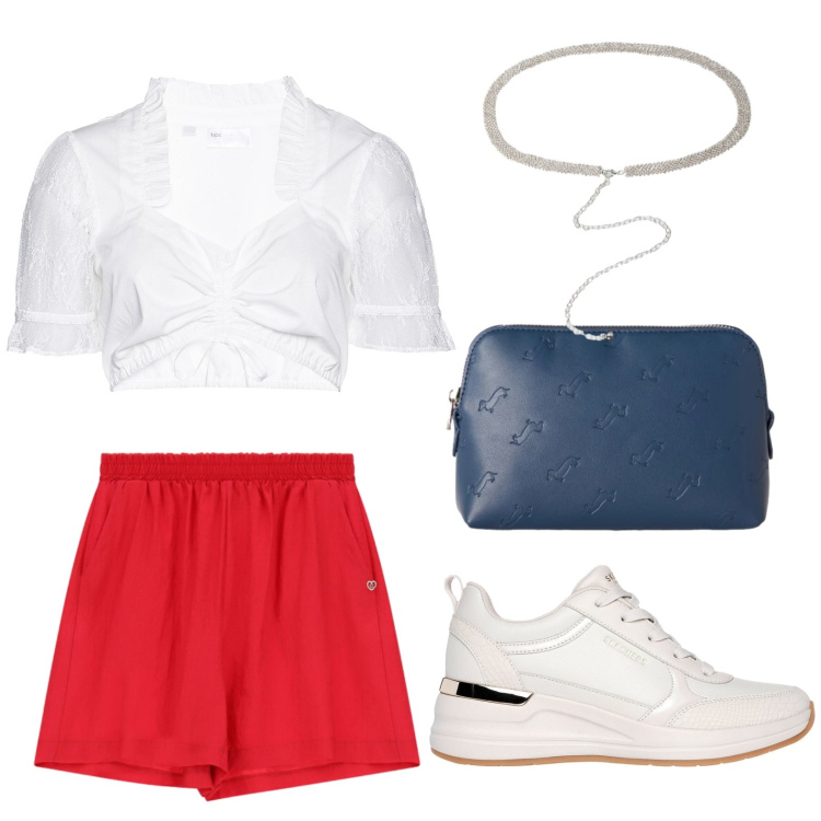 Outfit donna - Estate a colori pieni. Stile Casual per Tutti i giorni. Abbinamento con camicie, pochette, shorts, cinture, sneakers.