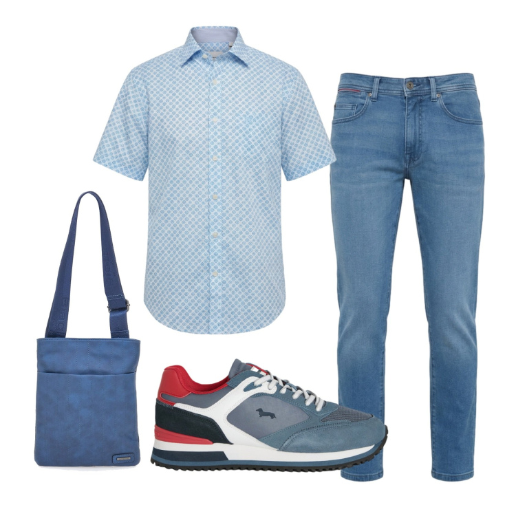 Outfit uomo - Vacanze in città. Stile Casual per Tutti i giorni. Abbinamento con jeans slim fit, sneakers, camicie a manica corta, portafogli.