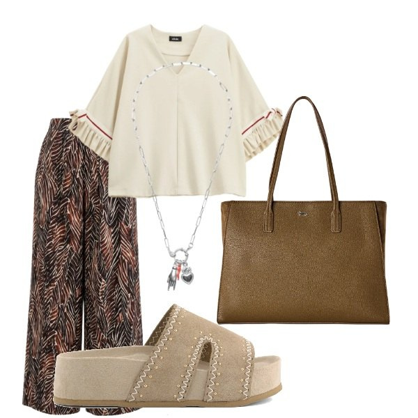 Outfit donna - E siamo in Agosto....... Stile Casual per Tutti i giorni. Abbinamento con shopping bag, felpe, pantaloni a palazzo, ciondoli, zeppe.
