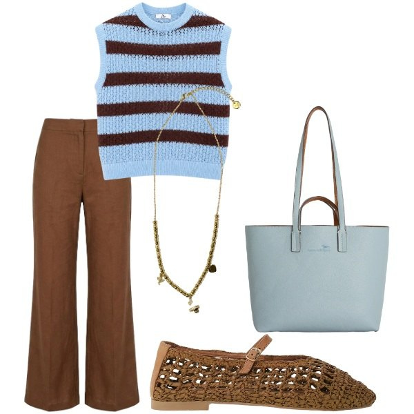 Outfit donna - Serata tra amici. Stile Casual chic per Serata fuori. Abbinamento con canottiere, shopping bag, ballerine, ciondoli, pantaloni.