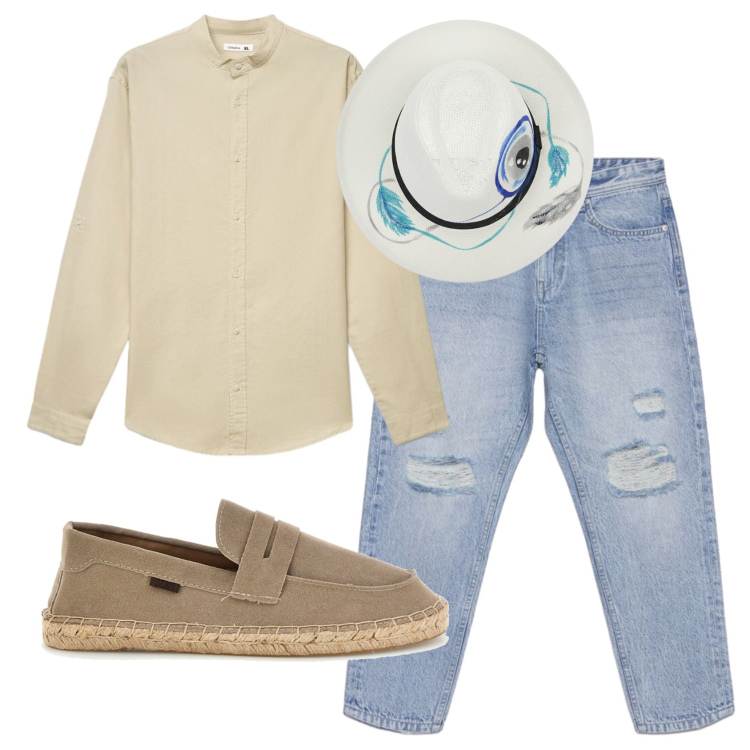 Outfit uomo - Total look #2451085. Stile Trendy per Tutti i giorni. Abbinamento con camicie, jeans strappati, espadrillas, cappelli.