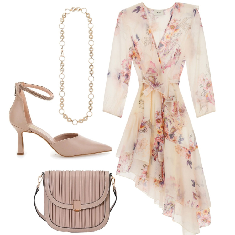 Outfit donna - Cena vista mare. Stile Romantica per Mare. Abbinamento con cinture, vestiti midi/longuette, borse a tracolla, décolleté.