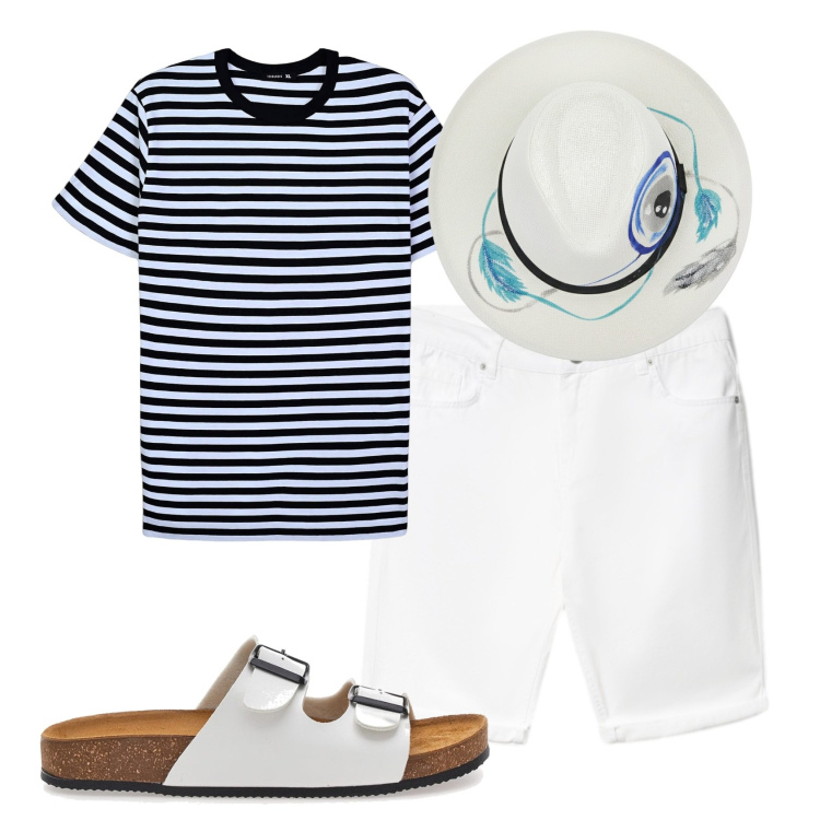 Outfit uomo - Total look #2451088. Stile Trendy per Mare. Abbinamento con bermuda, t-shirt, cappelli, sandali.