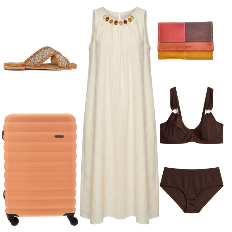 Outfit donna - Mare e vacanze. Stile Casual per Mare. Abbinamento con bikini, vestiti midi/longuette, ciabatte, valigie, portafogli.