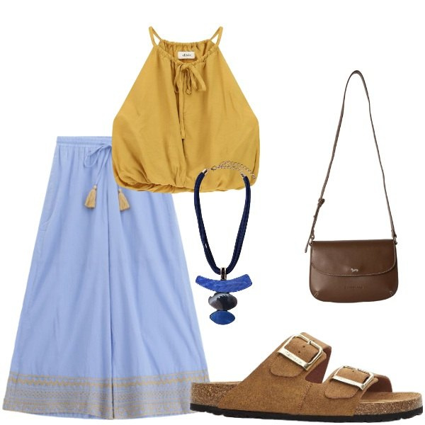 Outfit donna - E siamo in Agosto....... Stile Casual per Tutti i giorni. Abbinamento con ciabatte, borse a tracolla, pantaloni a palazzo, top, ciondoli.