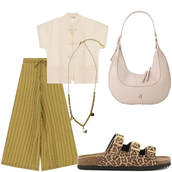 Outfit donna - Estate. Stile Casual chic per Tutti i giorni. Abbinamento con borse a tracolla, pantaloni a palazzo, camicie a manica corta, ciondoli, ciabatte.