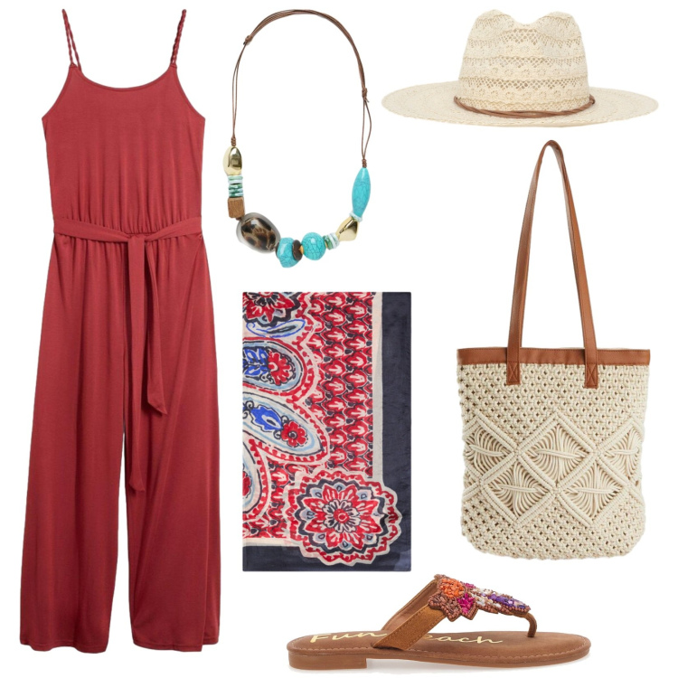 Outfit donna - La tuta morbida. Stile Basic per Tutti i giorni. Abbinamento con tute, shopping bag, cappelli, foulard, collane, infradito.