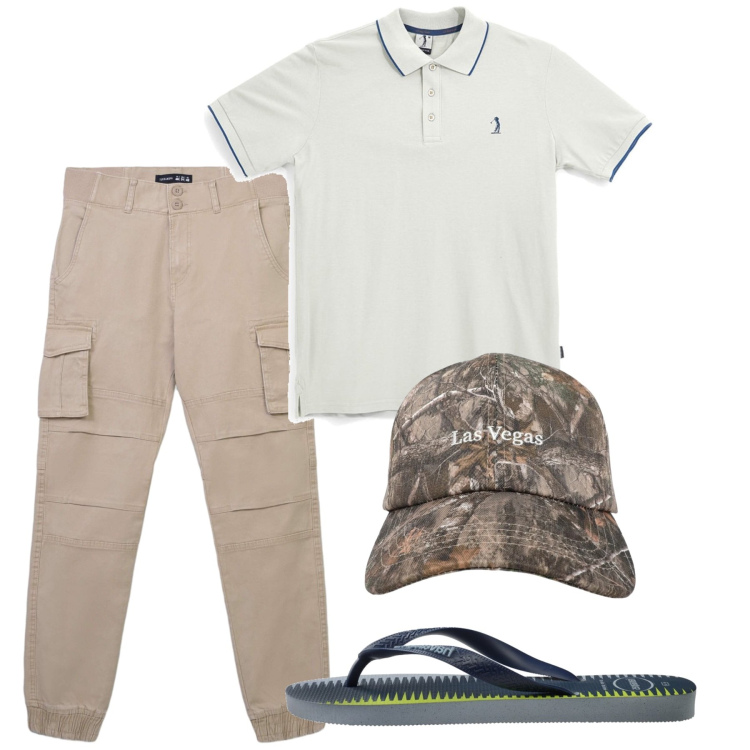 Outfit uomo - Total look #2451098. Stile Casual per Tutti i giorni. Abbinamento con pantaloni cargo, cappelli con visiera, sandali, polo.