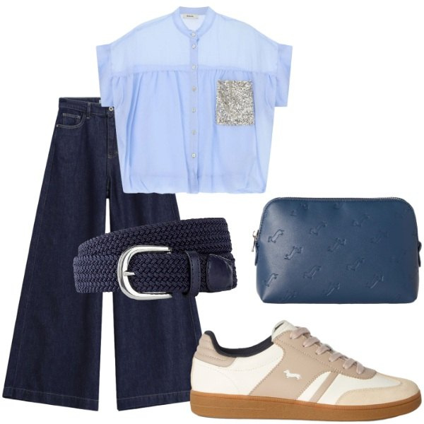 Outfit donna - Pensando a settembre. Stile Casual per Tutti i giorni. Abbinamento con cinture, jeans, sneakers, pochette, camicie a manica corta.