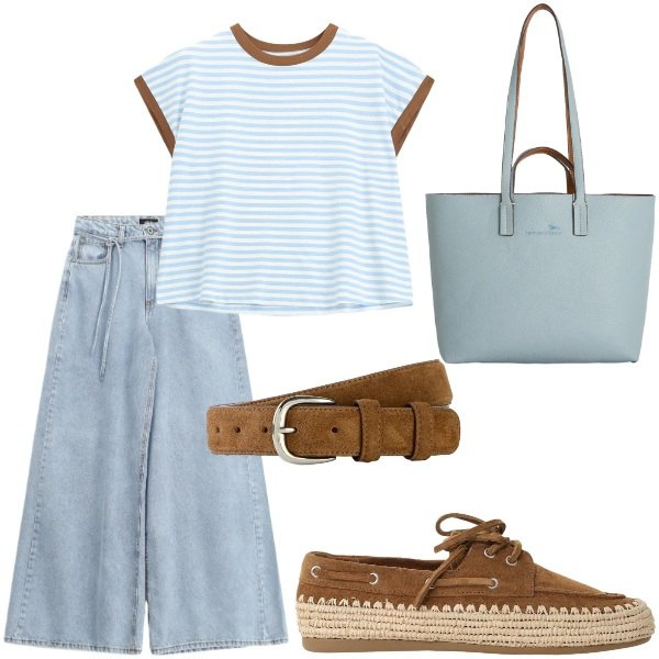 Outfit donna - Passeggiando per la città. Stile Casual chic per Tutti i giorni. Abbinamento con cinture, shopping bag, jeans, t-shirt, sneakers.