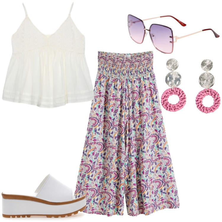 Outfit donna - Boho. Stile Boho per Tutti i giorni. Abbinamento con pantaloni a palazzo, occhiali da sole, orecchini, canottiere, ciabatte.