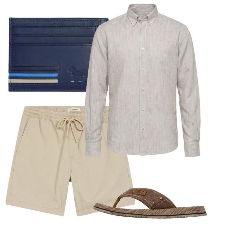 Outfit uomo - Total look #2451121. Stile Casual per Tutti i giorni. Abbinamento con shorts, camicie, portafogli, sandali.