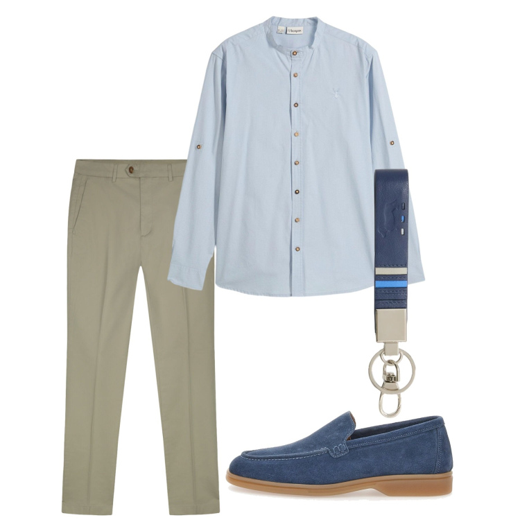 Outfit uomo - Cena in vacanza. Stile Casual per Tutti i giorni. Abbinamento con camicie, portachiavi, pantaloni, scarpe stringate.