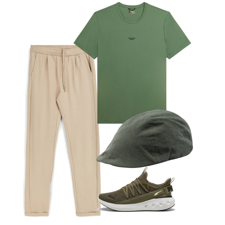 Outfit uomo - T-shirt: il capo dell\'estate. Stile Casual per Tutti i giorni. Abbinamento con cappelli con visiera, t-shirt, pantaloni, sneakers.