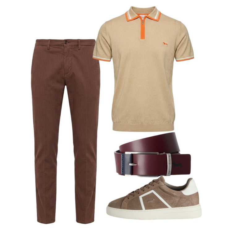 Outfit uomo - Toni della terra. Stile Casual per Tutti i giorni. Abbinamento con pantaloni chino, polo, sneakers, cinture.