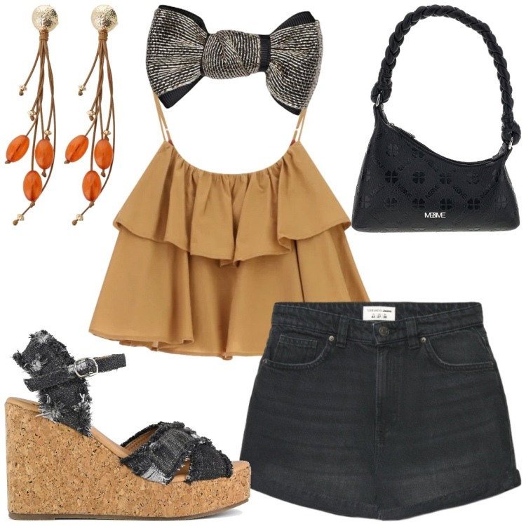 Outfit donna - Aperitivo vista mare. Stile Glamour per Tutti i giorni. Abbinamento con shorts, camicie, top, orecchini, zeppe, borse a spalla.
