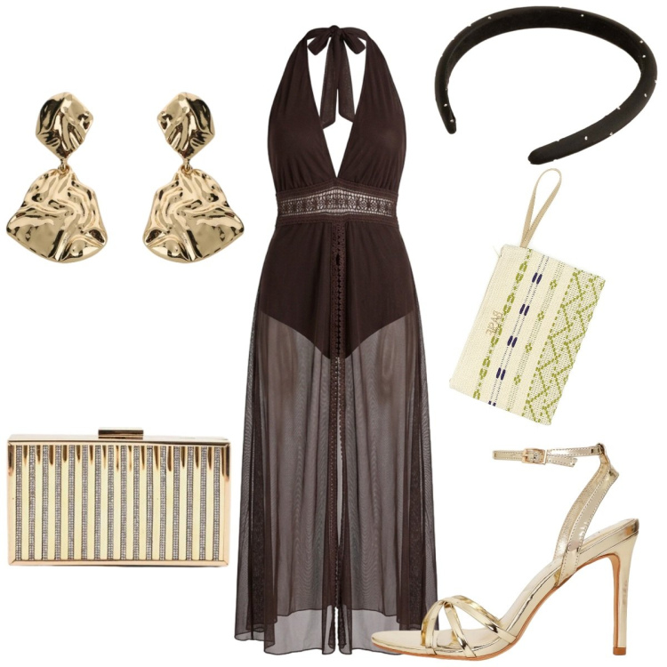 Outfit donna - Cena vip. Stile Sexy per Tutti i giorni. Abbinamento con sandali col tacco, vestiti lunghi, orecchini, clutch, cerchietti, pochette.
