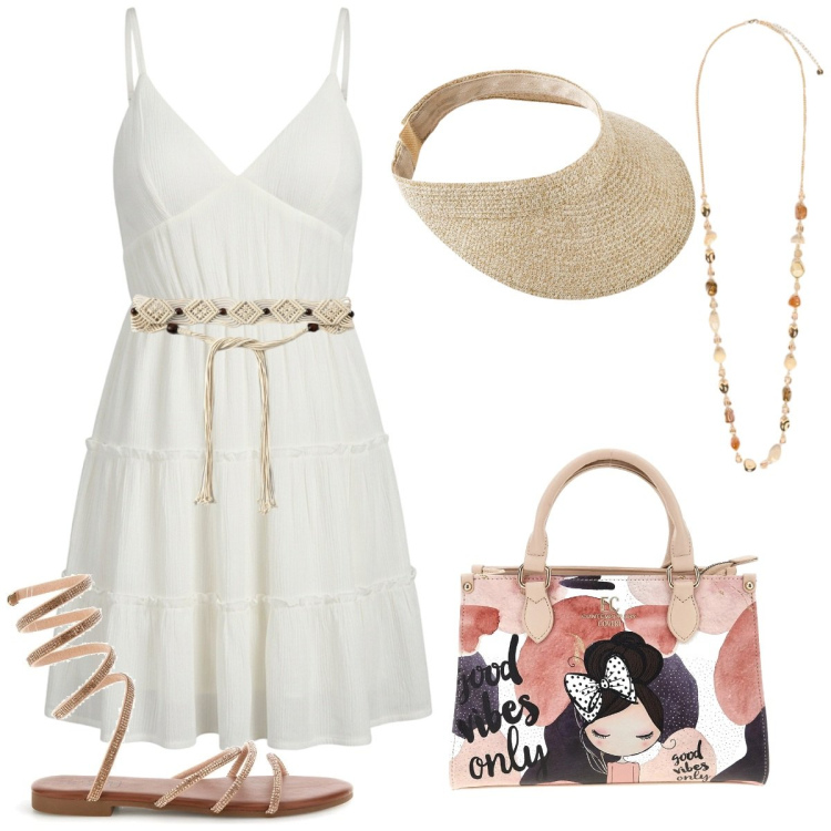 Outfit donna - Al Colosseo. Stile Casual chic per Tutti i giorni. Abbinamento con cappelli con visiera, cinture, vestiti corti, collane, borse a mano, sandali.