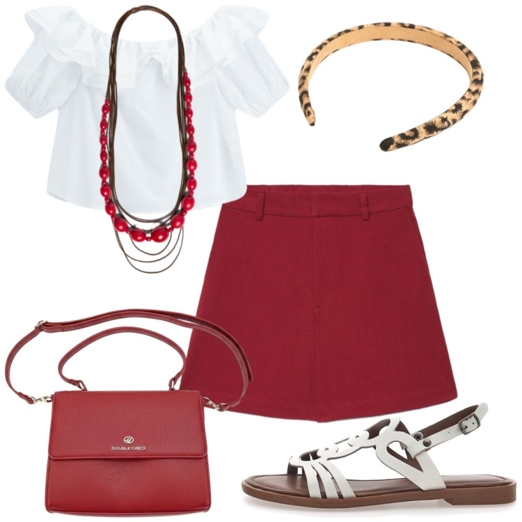 Outfit donna - Cena tra amiche. Stile Casual chic per Tutti i giorni. Abbinamento con bermuda, bluse, collane, cerchietti, sandali, borse a tracolla.