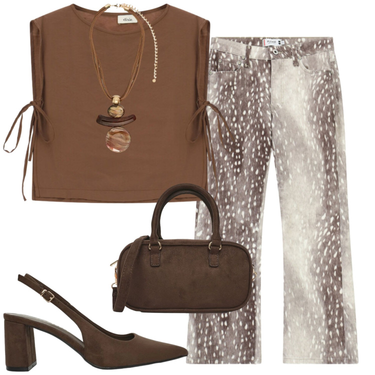 Outfit donna - Safari Urbano Chic. Stile Boho per Serata fuori. Abbinamento con décolleté, cinture, borse a tracolla, pantaloni, top, ciondoli.