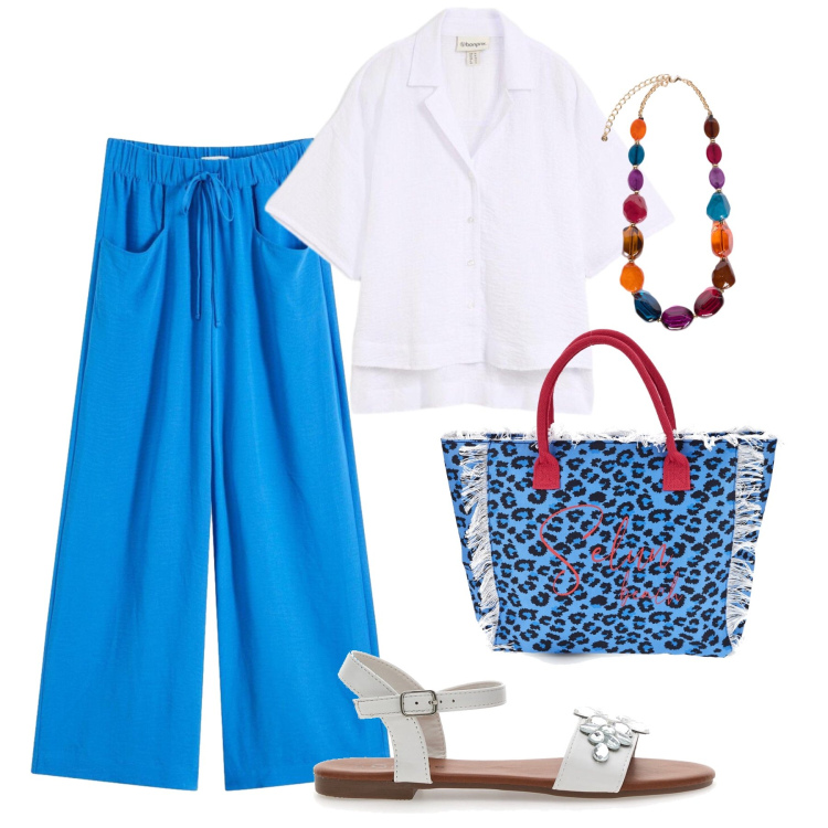 Outfit donna - Freschezza in blu reale. Stile Urban per Tutti i giorni. Abbinamento con pantaloni, camicie a manica corta, collane, sandali gioiello, borse a mano.