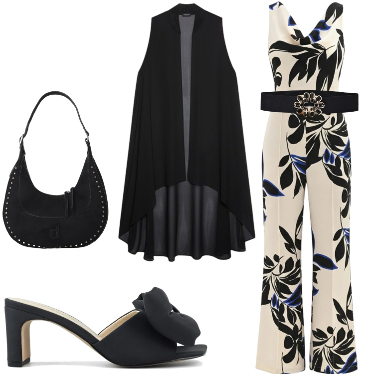 Outfit donna - Serata estiva. Stile Casual chic per Tutti i giorni. Abbinamento con borse a spalla, tute, cinture, gilet, sandali col tacco.