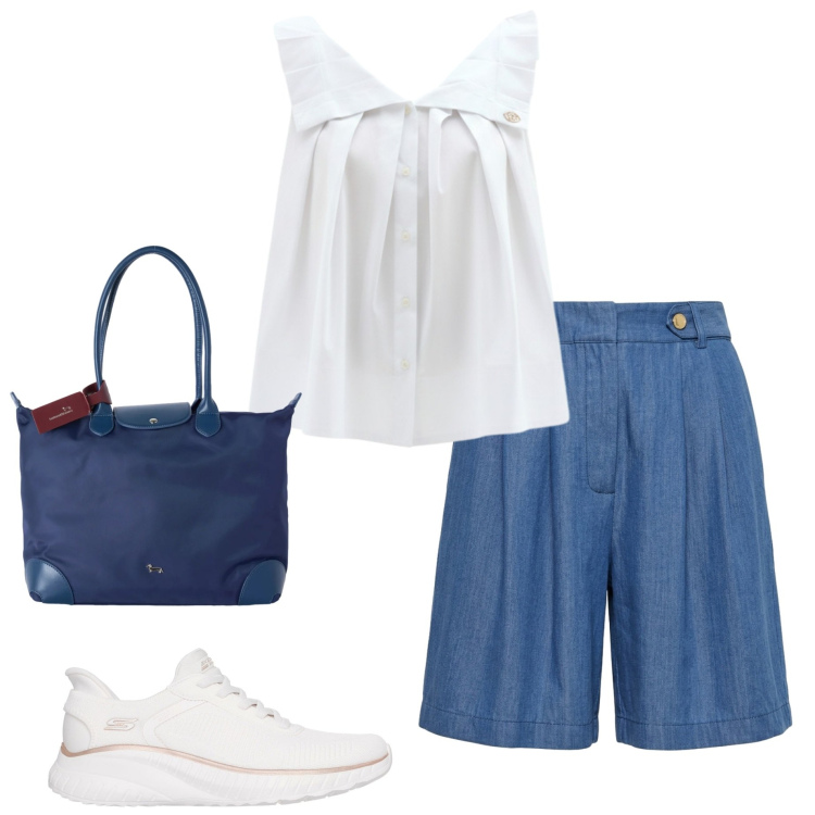 Outfit donna - Casual chic. Stile Casual chic per Mare. Abbinamento con shopping bag, bluse, bermuda, sneakers.