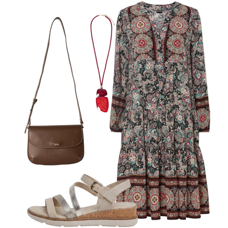 Outfit donna - Disinvoltamente…boho. Stile Boho per Tutti i giorni. Abbinamento con vestiti, sandali, borse a tracolla, ciondoli.