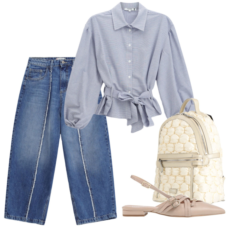 Outfit donna - Total look #2451165. Stile Casual chic per Tutti i giorni. Abbinamento con ballerine, zaini, jeans dritti, camicie.