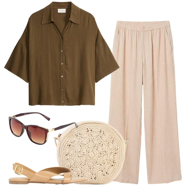 Outfit donna - Per monumenti. Stile Casual per Tutti i giorni. Abbinamento con pantaloni a palazzo, sandali, bluse, occhiali da sole, borse a tracolla.