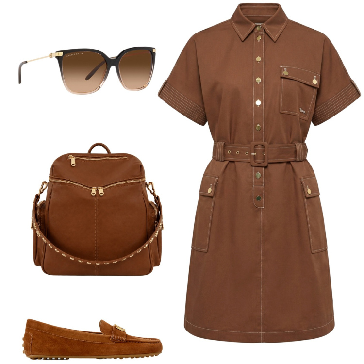 Outfit donna - Monocolore. Stile Casual per Tutti i giorni. Abbinamento con vestiti chemisier, zaini, mocassini, occhiali da sole.