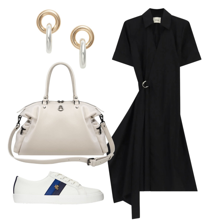 Outfit donna - Agosto. Stile Casual chic per Tutti i giorni. Abbinamento con vestiti midi/longuette, shopping bag, sneakers, orecchini.