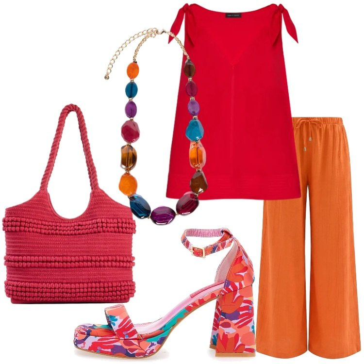 Outfit donna - Estate a colori pieni Focus Donna Curvy. Stile 70s per Serata fuori. Abbinamento con shopping bag, pantaloni a palazzo, top, collane, sandali col tacco.