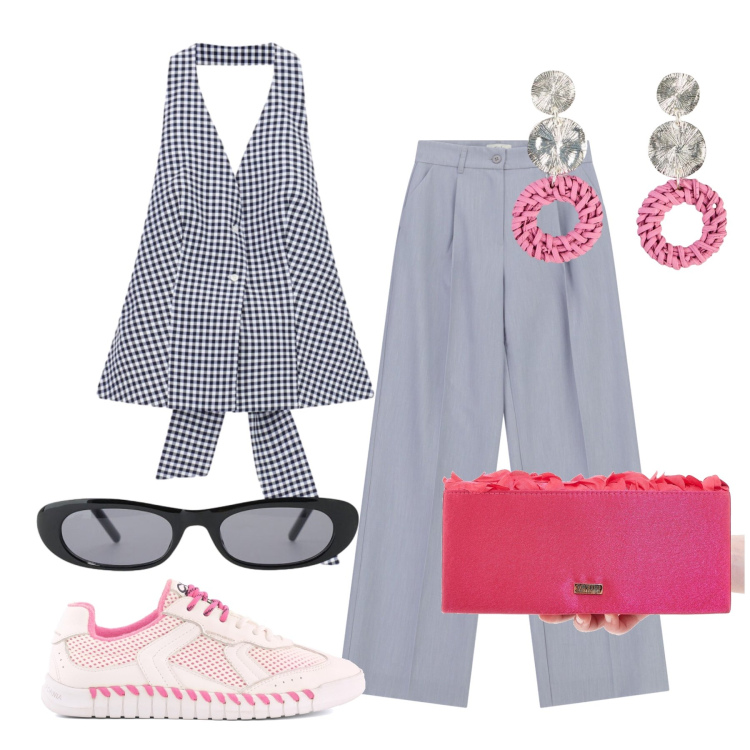 Outfit donna - Agosto. Stile Casual chic per Tutti i giorni. Abbinamento con orecchini, occhiali da sole, pantaloni a palazzo, top, sneakers, pochette.