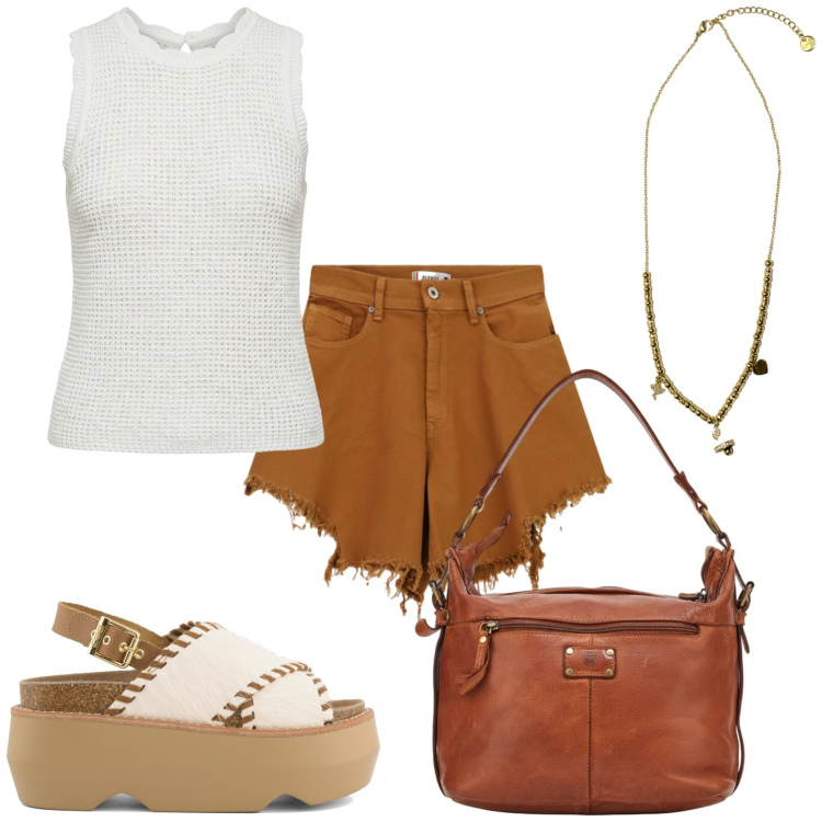 Outfit donna - Pronta per uscire. Stile Casual per Tutti i giorni. Abbinamento con shorts, canottiere, ciondoli, zeppe, borse a spalla.