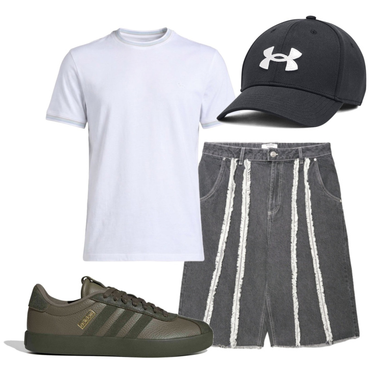 Outfit uomo - Total look #2451176. Stile Urban per Tutti i giorni. Abbinamento con t-shirt, bermuda, cappelli con visiera, sneakers.