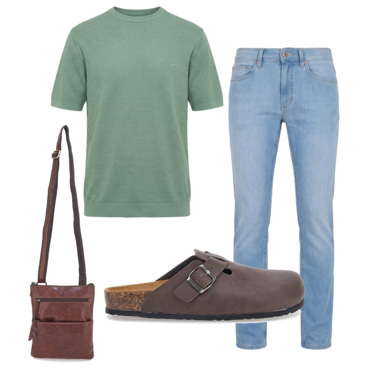 Outfit uomo - Total look #2451177. Stile Casual per Tutti i giorni. Abbinamento con jeans, t-shirt, sandali, portafogli.