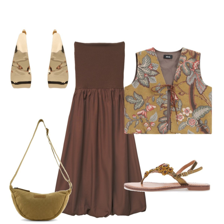 Outfit donna - Serata. Stile Boho per Serata fuori. Abbinamento con gilet, orecchini, vestiti midi/longuette, sandali gioiello, borse a tracolla.